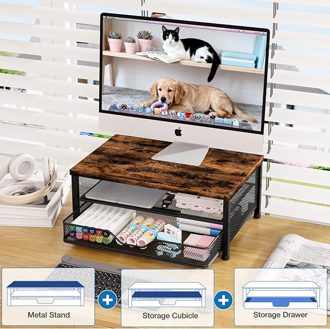 OPNICE Computer Monitor Stand Riser, Desk Organizer with Drawer, Printer & Laptop Stand, Office Desk Accessories & Workspace Desktop Organizers Storage for Office Supplies(Brown)