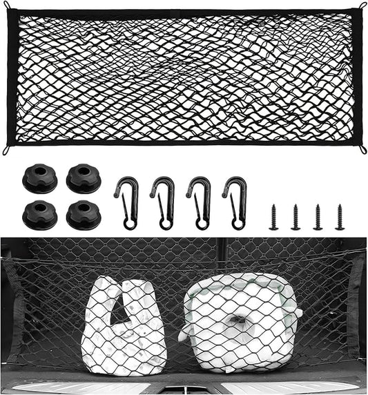 Stretchable Cargo Net, 34.6×12.2 Inch Highly Elastic Auto Trunk Bed Cargo Mesh Organizer with Hooks, Double-Layer Trunk Storage Net Interior Accessories for Car Truck SUV