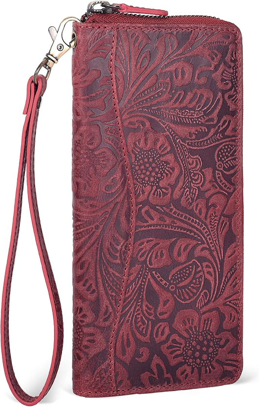 Red Embossed Wallet for Women - Leather RFID Womens Wallet Clutch with 8 Credit Card Holder, Coin Pocket, Gift for Women’s