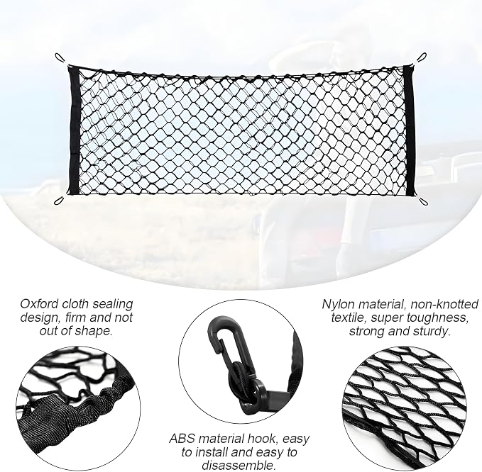 Osilly Car Rear Cargo Net, Double-Layer Adjustable Stretchable Elastic Storage Organizer Net, Trunk Cargo Storage Mesh Net with Hooks, Car Interior Accessories (51.2"x17.7")
