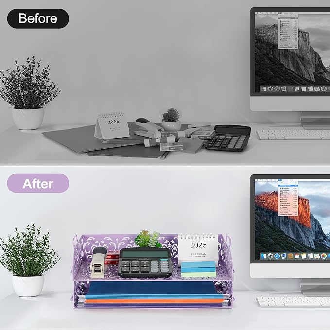 EasyPAG Paper Organizer for Desk 2 Tier Stackable Paper Tray for A4 Legal Size Folders Metal File Storage Desktop Organizer for Home Office School Teacher, Purple