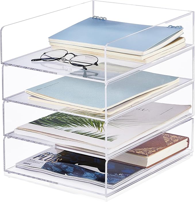 Harloon 4 Tier Paper Organizer Letter Tray Acrylic Desk File Organizer Stackable Documents Letter Clear Paper Holder Sorter Office Tray for A4, Modern Office Classroom Home File Pad Books Notes