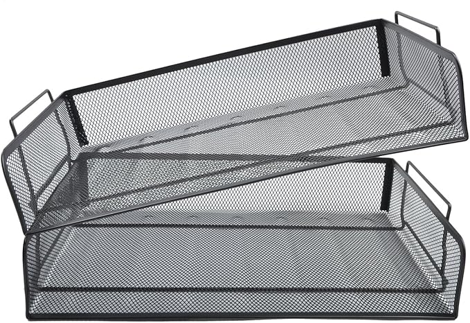 EASEPRES 2 Pack Stackable Desk Paper Tray, Metal Mesh Desktop Document Letter File Organizer for Office Home School, 13.5'' L x 9.75'' W x 5.5'' H, Black
