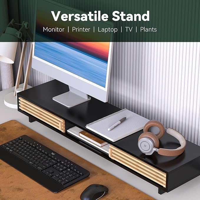 Dual Monitor Stand with Sliding Bamboo Doors - Heavy Duty Wood Computer Monitor Riser for 2 Screens, Ergonomic Desk Organizer with Storage & Keyboard Tray, Natural & Black (38 Inch)