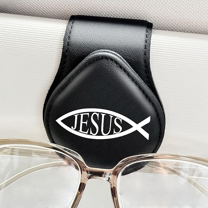 Jesus Fish - Car Sunglass Holder, Magnetic Leather Eyeglass Hanger Mount Clip Holder for Car Visor Accessories