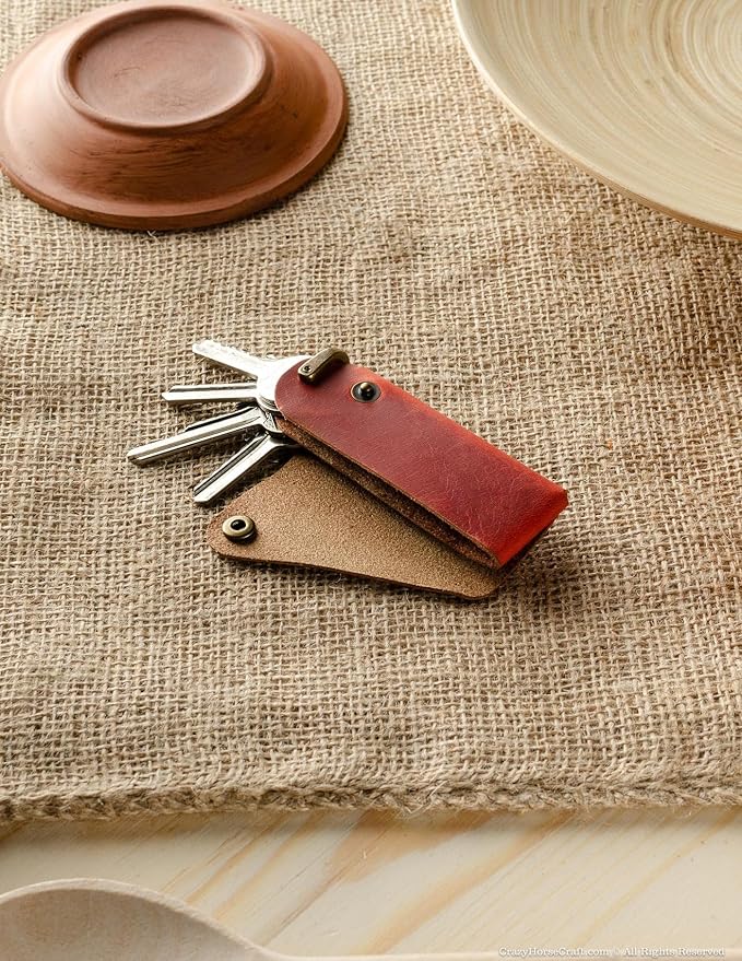 Crazy Horse Craft, Leather Key Holder, Keychain, Minimalist Keyring, Fob, EDC Organizer Cover Sleeve Finder Bag Tag Case