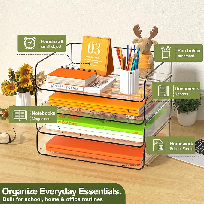 FANXIYQ 4-Tier Acrylic Paper Tray Organizer - Low-Profile Desk File Sorter for Office/Home, Clear Stackable Letter Tray for Bills, Crafts, Notebooks