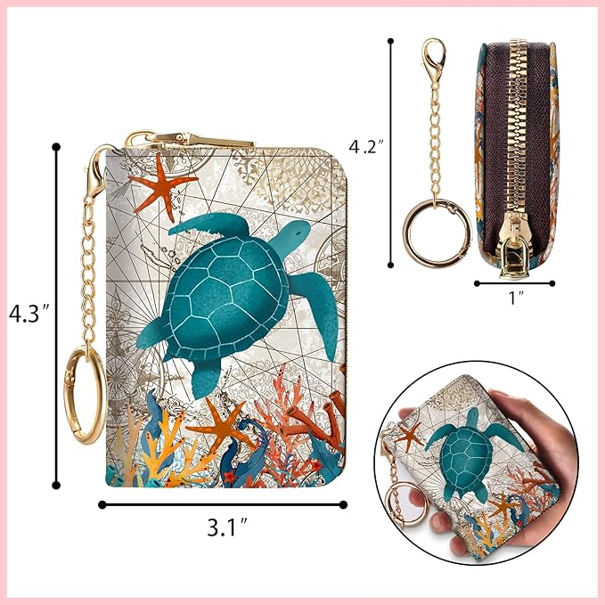 Blusabaca RFID Credit Card Holder Wallets for Women, Small Card Case Wallet with Keychain and Zipper, Leather Card Holder Sea Turtle Pocket Business Card Accordion Wallet