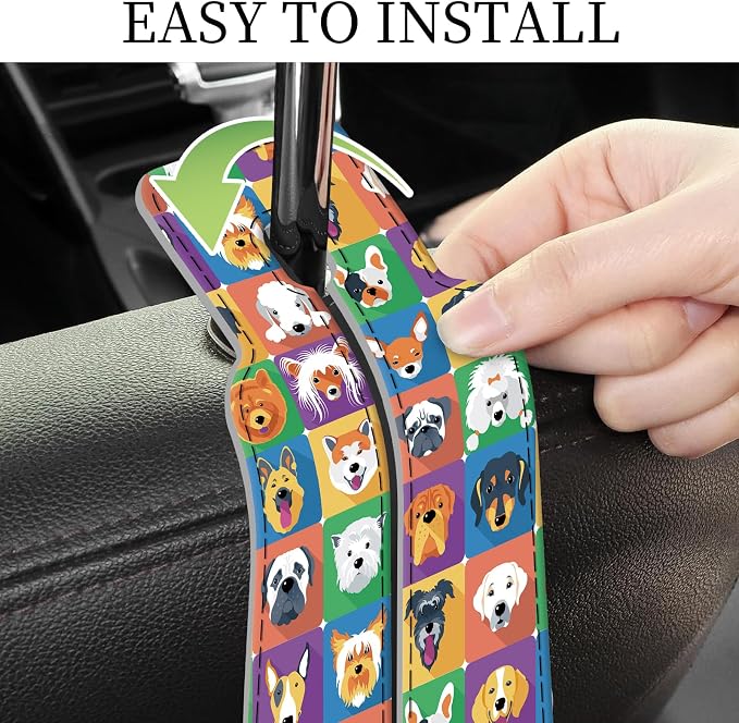 PU Leather Car Seat Hook, Storage Headrest Hanger, Cute Car Backseat Organizer, Car Hooks for Purses and Bags Colorful Dog Faces