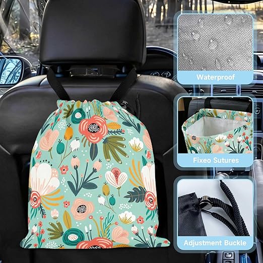 Bohemian Flowers Car Trash Bag - Waterproof Car Trash Bag Hanging Leakproof Car Garbage Bag - Washable Reusable Trash Bag For Car Interior Hanging Organizer Storage Vehicle Travelling Camping