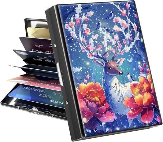 Metal Wallet for Women Men Girls, RFID Blocking Slim Aluminum Credit Card Holder, Mini Travel Wallet with Hard Shell, Lightweight ID & Business Card Case,Art Deer Elk