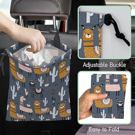Cute Llamas Car Garbage Bag,Cactuses Waterproof Small Car Trash Bag Hanging Back of Seat,Drawstring Hanging Car Trash Bag with Adjustable Buckle for Car Accessories