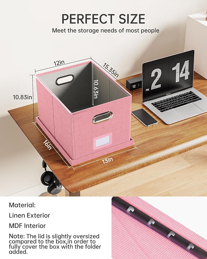 Oterri 2 Pack File Storage Organizer, Filing Box, Portable File Box with Lid, Fit for Letter/Legal File Folder Storage, document organizer, New-pink