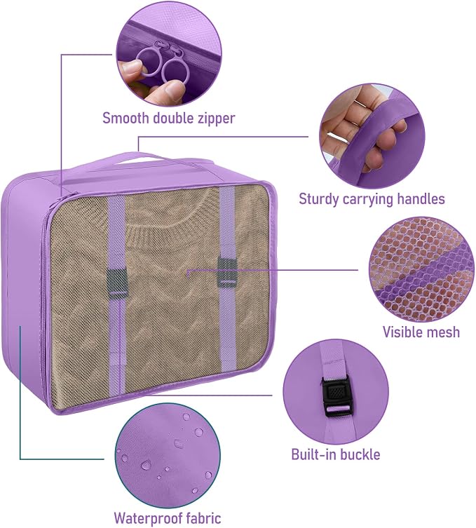Packing Cubes for Travel- 8 Set Luggage Organizer Bags for Family, Mesh Breathable Travel Packing Cubes for Suitcases Durable Travel Essentials Bags Set (Purple, 10 Set)