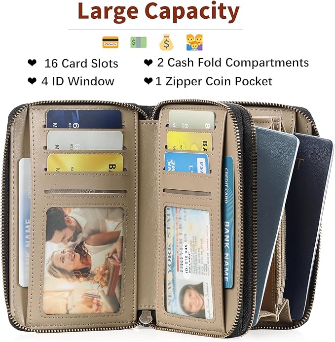 GOIACII Women's Wallet Double Zip Around Credit Card Holder Ladies Wallet Rfid Blocking Wristlet Purse Medium Size Leather Black