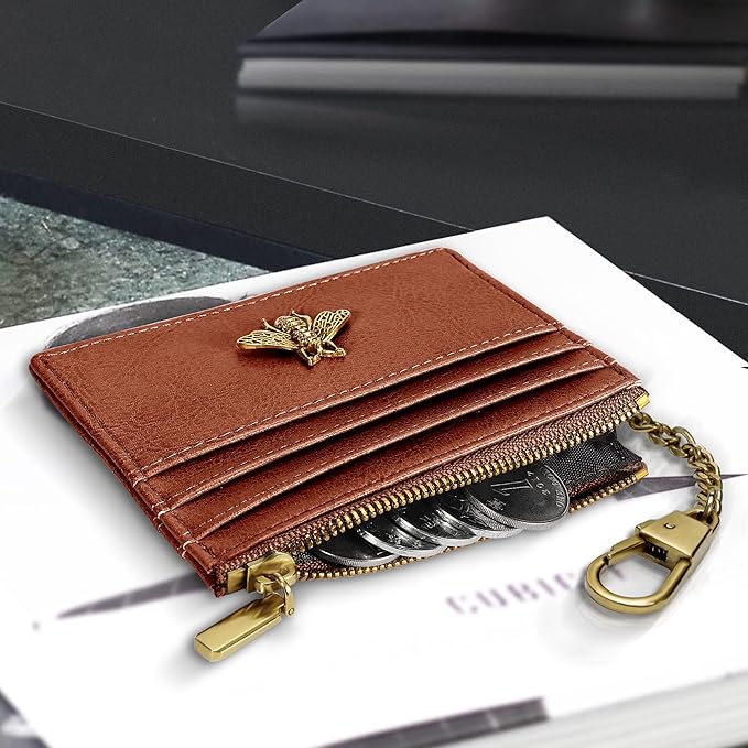 SEAVILIA Card Holder Keychain Wallet for Women with ID Window RFID Coin Purse Bee Gifts Slim Minimalist Small Wallet