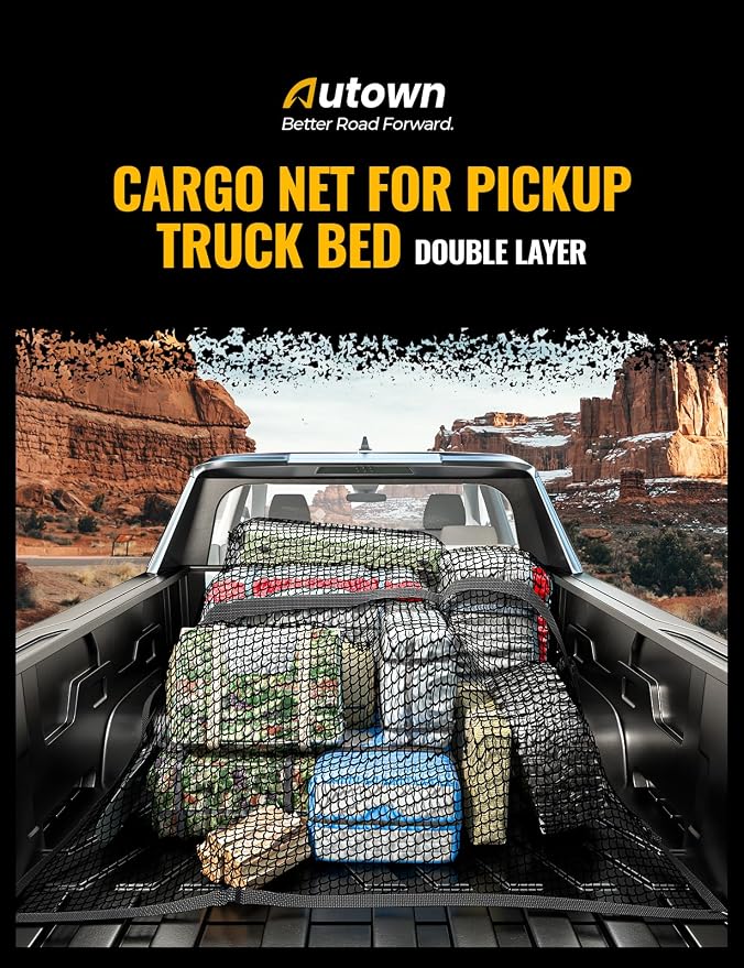 AUTOWN Cargo Net for Pickup Truck Bed - Stretchable 4'x4' to 7'x7', High Elastic Fine Mesh 1''x1'' with 8 Metal Carabiners - Ideal for ATV, SUV, UTV, Truck and Boat Use (Double Layer)