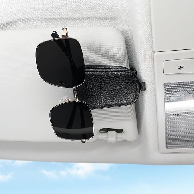 SINGARO Sunglasses Holder for Car, Leather Magnetic Buckle Sun Visor Sunglass Clip, Ticket Card Storage Glasses Clip, Car Interior Accessories for Men and Women（Black）
