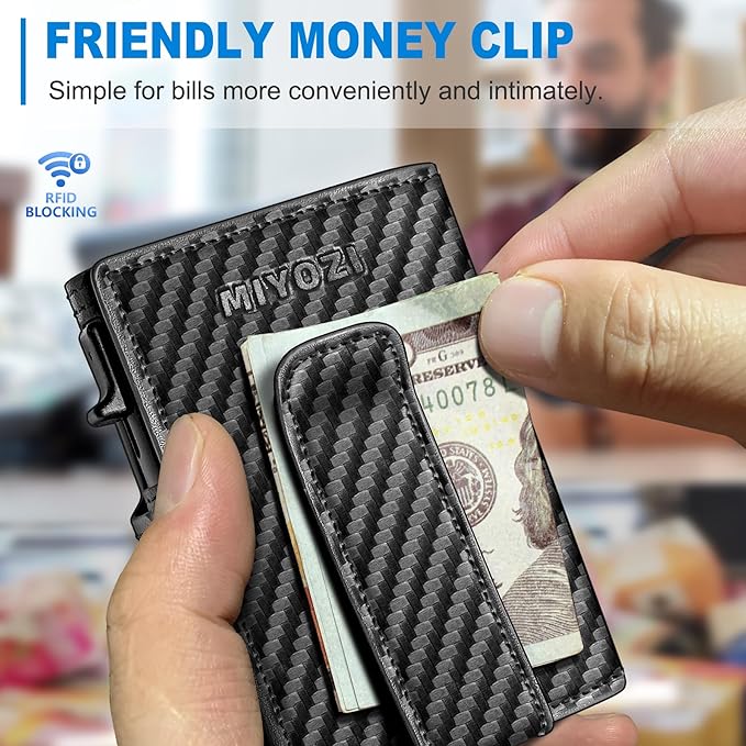 miyozi Men Wallet,with Money Clip Coins Pocket ID Window,Slim Front Pocket RFID Blocking Pop-up Card Holder 3.9"x 2.7", Gift Boxed