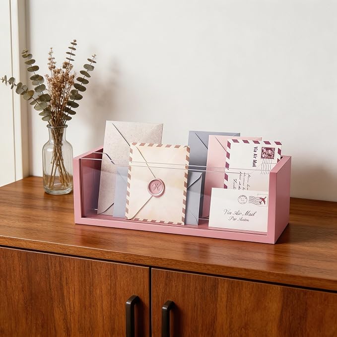 Aesthetic Pink Mail Organizer with Clear Acrylic Dividers - Adjustable Desk & Wall Mount Letter Holder, Modern Paper Sorter for Home Office Decor