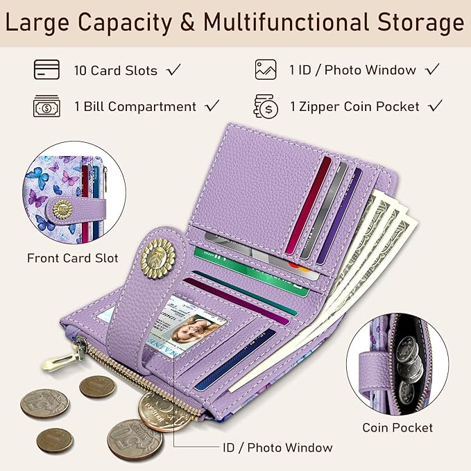 Kelvoris Small Rfid Butterfly Women Wallet Bifold Zipper Coin Pocket PU Leather Compact Cash Credit Card Holder Travel Wallet for Female Ladies Teen Girls 1 ID Window 10 Card Slots