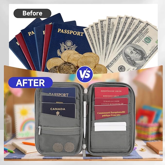 WALNEW Family Passport Holder for 5 - Large Travel Organizer Holds up to 6 Passports, RFID Blocking Water Resistant Document Wallet for Cards, Tickets, Boarding Passes