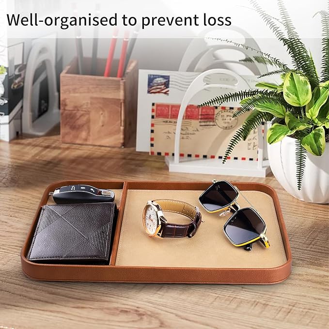 SENEN Leather Tray, Stylish and Organized Multifunctional Tray, for Table Entryway, Premium PU Leather, Catchall Tray for Keys, Watch, Wallet, Jewelry, and More (Brown Frame)