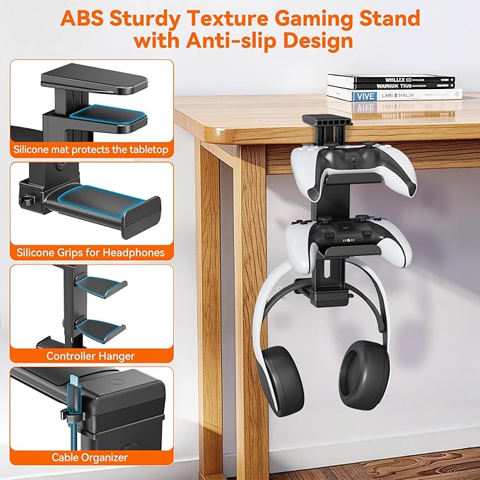 Headphone Stand & Under Desk Controller Holder with Adjustable Clamp, Controller Stand & Headset hanger for Desk Mount with 360° Rotating Hook & Cable Organizer 3-in-1 Game Organizer, 3 Hooks