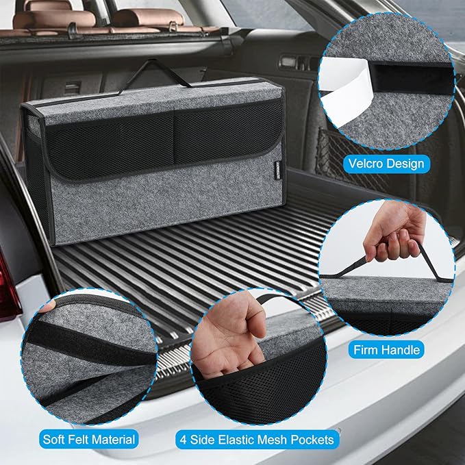 Car Trunk Organizer,Soft Felt Car Bag Organizer 20x6.11x10 inch Folding,for Honda CRV/for Civic/for Accord Ford/for Focus Fusion/for Toyota RAV4/for Jeep SUV/Truck/Sedan(Gray)