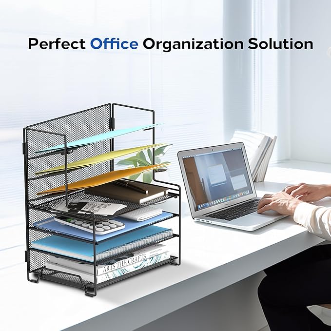 SUPEASY 7 Tier Desk File Organizer, Mesh Letter Tray Paper Organizer with File Holders, Metal Desktop Organizers and Accessories for Home Office Supplies, Black