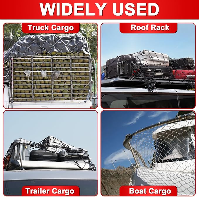 3’x4’ Truck Cargo Net Expands to 6' x 7' with 4"x4" Mesh Grid Super Duty Bungee Heavy Duty Bed Netting for Truck Bed Stretches with 12 Adjustable Metal Carabiners by Cenipar