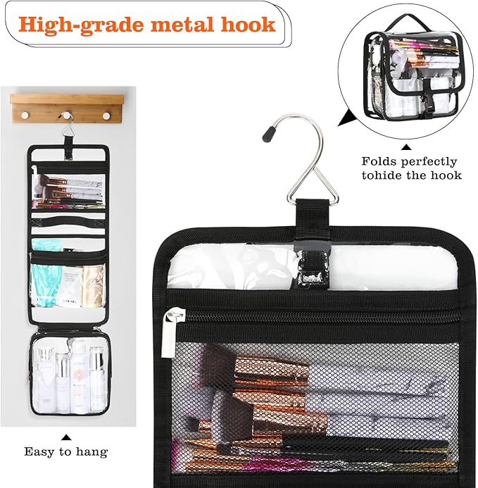 Clear Toiletry Bag with TSA Liquids Travel Bag, Hanging Travel Transparent Makeup Cosmetic Organizer, Waterproof Carry On Airline 3-1-1 Compliant Bag Quart Sized Luggage Pouch (Black-Clear)