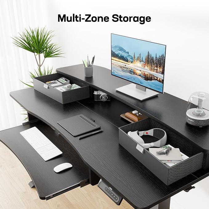HUANUO 55" x 26" Electric Standing Desk with 2 Drawers & 26.7" Large Keyboard Tray, C-Clamp Mount Compatible, Adjustable Computer Desk for Home Office, Stand Up Desk with 4 Height Presets, Black