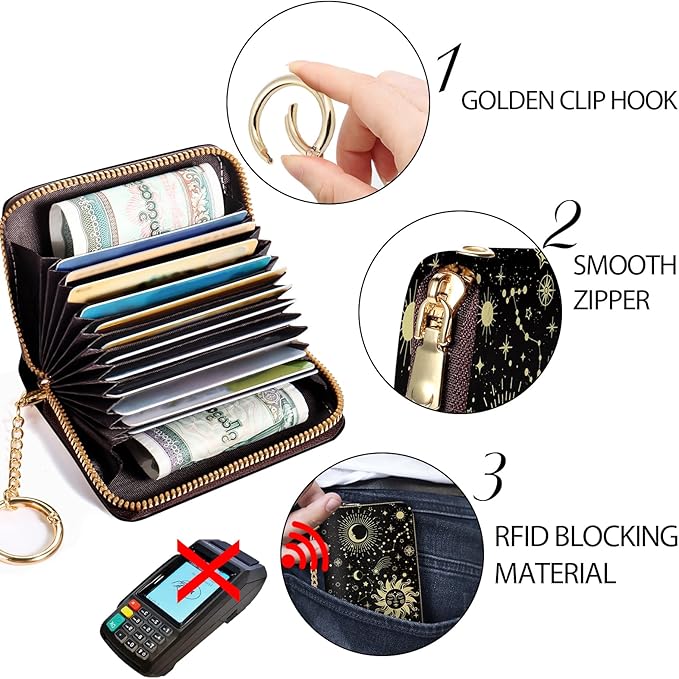 Credit Card Holder RFID Wallet, Small Card Holder Wallet for Women with Keychain Zipper, Funny Leather Print Credit Card Wallets Accordion Gift