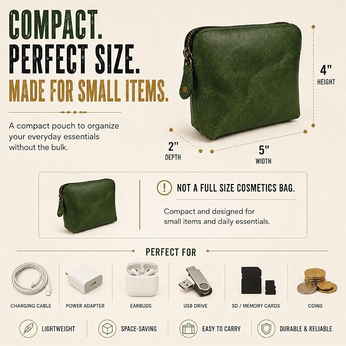 Full Grain Leather Cosmetic Bag – Zippered Makeup Pouch for Women, Small Travel Toiletry & Organizer Pouch for Purse, Premium Handmade Leather (5 × 4 × 2.5 in)