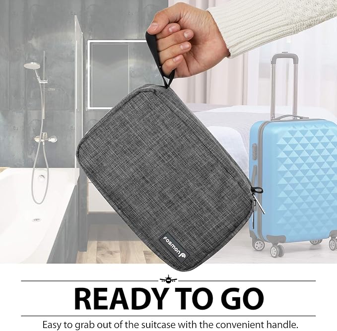 Fosmon Hanging Travel Toiletry Bag, Compact Travel Organizer | Water-resistant nylon, multiple pockets for toiletries/makeup, lightweight, ideal for men/women, shower and travel use.