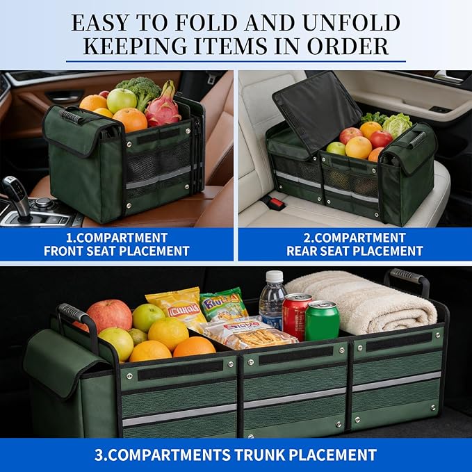 Collapsible Trunk Organizer for Car with Insulated Leakproof Cooler Bag, 3 Compartments SUV Cargo Organizer w/Removable Dividers, 5-in-1 Storage w/Foldable Lid & 2 Tie-Down Straps (Green)