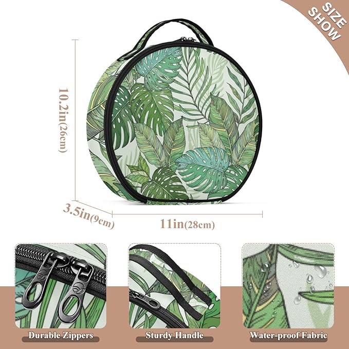 senya Round Cosmetic Pouch Travel Makeup Train Case Tropical Palm Leaves Makeup Organizer Bag with Adjustable Dividers Portable for Cosmetics Makeup Brushes Toiletry Jewelry Accessories