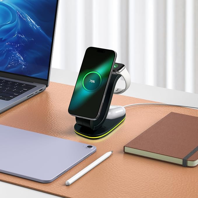 Wireless Charger 3 in 1 for iPhone, Magnetic Charging Station for Apple Family with Adjustable Multicolor Ambient Light, 15W Fast MagSafe Charger Stand,for iPhone17-12-iWatch AirPods Series