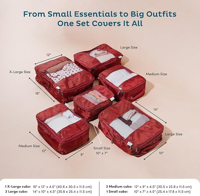 6-Pack Large Compression Packing Cubes for Travel - Lightweight Compression Packing Cube Set, Water-Resistant Luggage Organizer Bags & Suitcase Organizers, Travel Cubes for Carry-On, Checked Luggage
