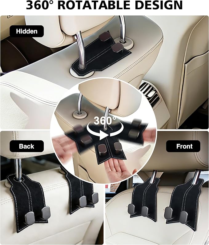 Purse Hook for Car, Car Hooks for Seat Headrest Metal & Premium Leather 2026 Latest, Auto Headrest Hanger Organizer Accessories for Purses and Bags, 2 Pack Black