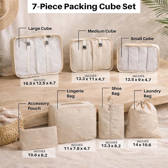 7 Set Packing Cubes For Travel | Luggage Organizer Bags With Shoe, Laundry Bag, Accessory Pouch And Lingerie Bag | Durable And Space Saving Suitcase Organizer For Travel Essentials | Beige