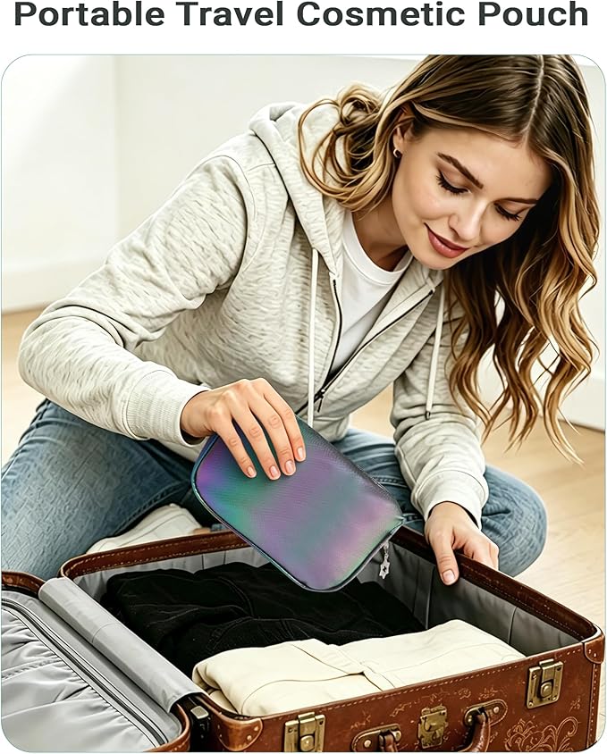 Small Makeup Bag，Travel Cosmetic Bag Organizer，Toiletry Bag with Zipper，Accessories Storage Bag for Women-Holographic