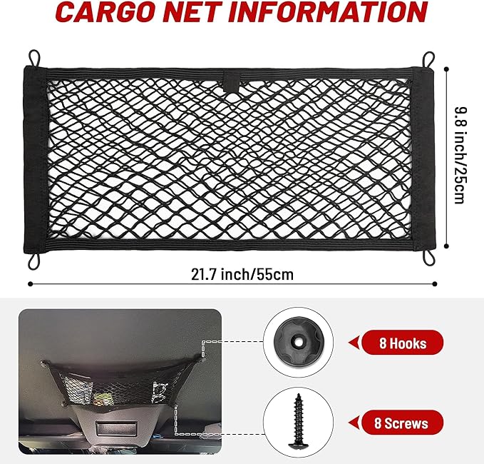 RED WOLF Universal Cargo Net Pocket Elastic Netting Car Mesh Pouch for Trunk RV Boats Home Cargo Storage with Screws and Hooks (21.7'' x 9.8'')