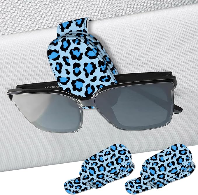 2 Pack Sunglass Holder for Car Visor, Universal Magnetic Car Sunglass Holder for Different Size Eyeglasses, Car Visor Accessories (Leopard-Blue)