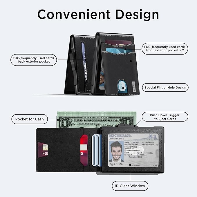 umoven Wallet for Men - Pop Up Case, Cash Slot, and Credit Card Slot - Slim Aluminum Wallet with RFID Blocking, Minimalist Leather Wallet Front Pocket with ID Window, Gift Box (Dark black)