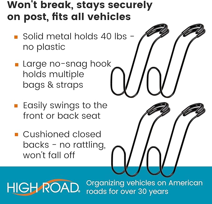 High Road Metal Car Hooks for Purses and Bags - Unbreakable Headrest Car Hooks for Large Purse Straps and Heavy Bags up to 40 lbs - Secure Attachment Loops Fit All Headrest Posts (Single Hook 4-Pack)