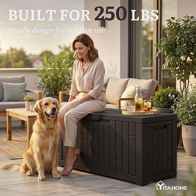 YITAHOME 60 Gallon Outdoor Storage Box, Waterproof Resin Deck Box with Slide-Locking Lid, Patio Storage Bin and Bench Seat for Patio Furniture, Garden Tools and Pool Accessories, Black