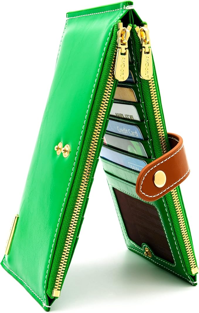 ANDOILT Women's Genuine Leather Wallet RFID Blocking Credit Card Holder Zipper Purse Cell Phone Handbag