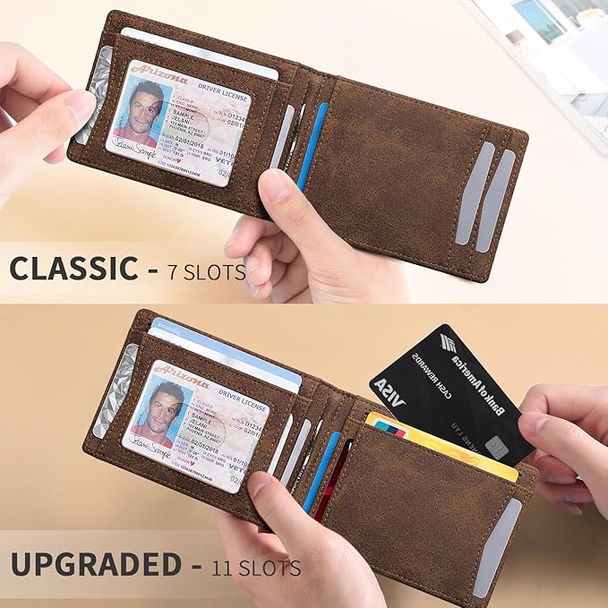 RUNBOX Slim Wallet for Men Genuine Leather RFID Blocking Bifold Minimalist Front Pocket Mens Wallet with Money Clip Thin Gift Box